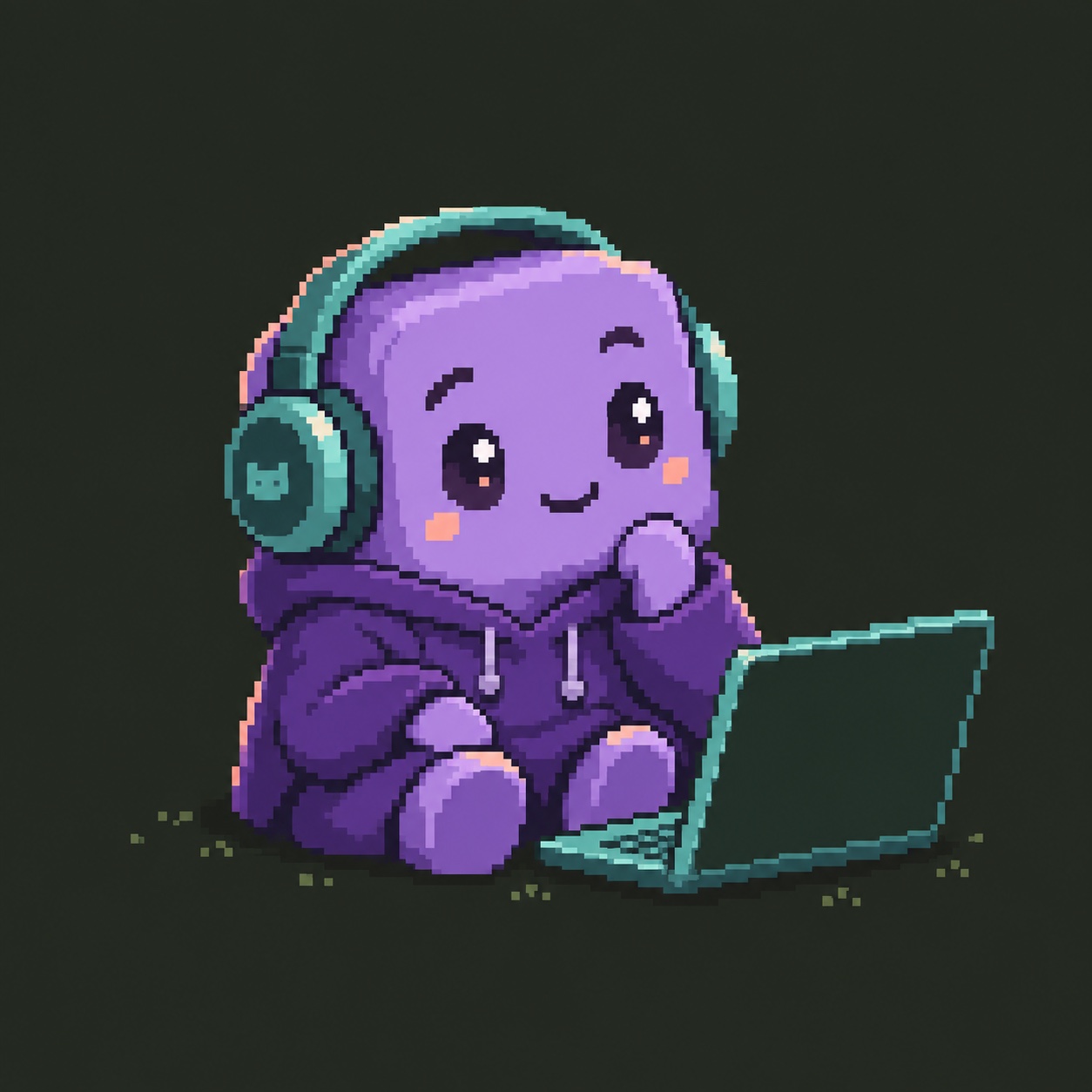 A purple block-shaped university learner with headphones and a laptop, wearing a neck lanyard.