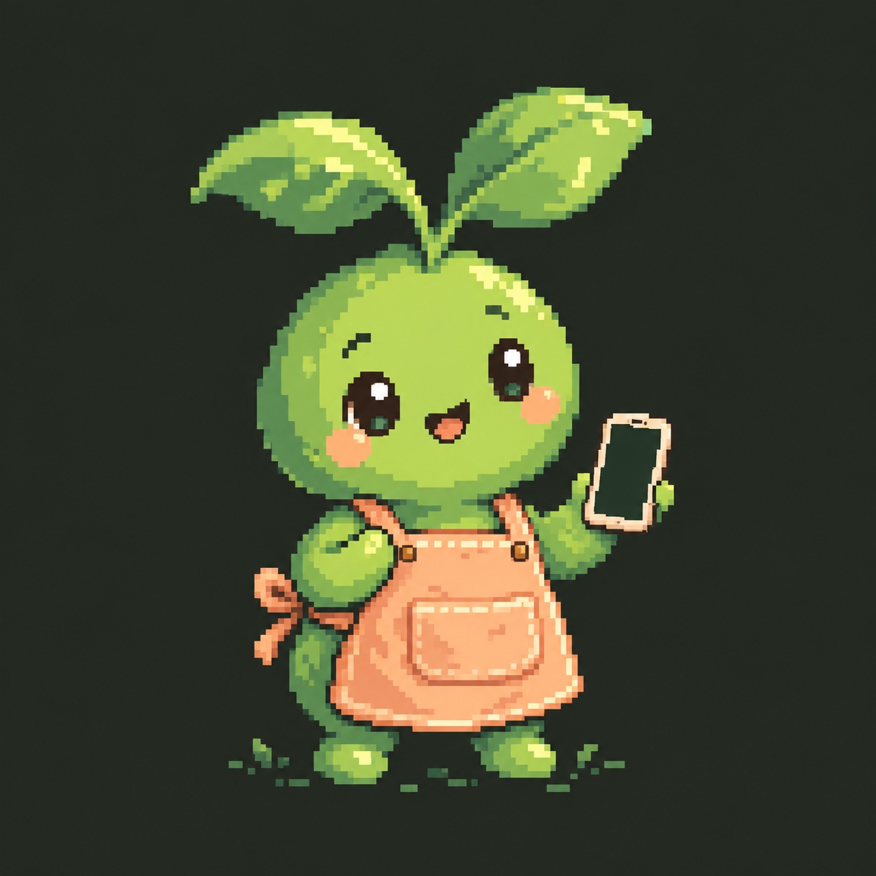 A green sprout mascot learning with a phone during a work break, wearing a neck lanyard.