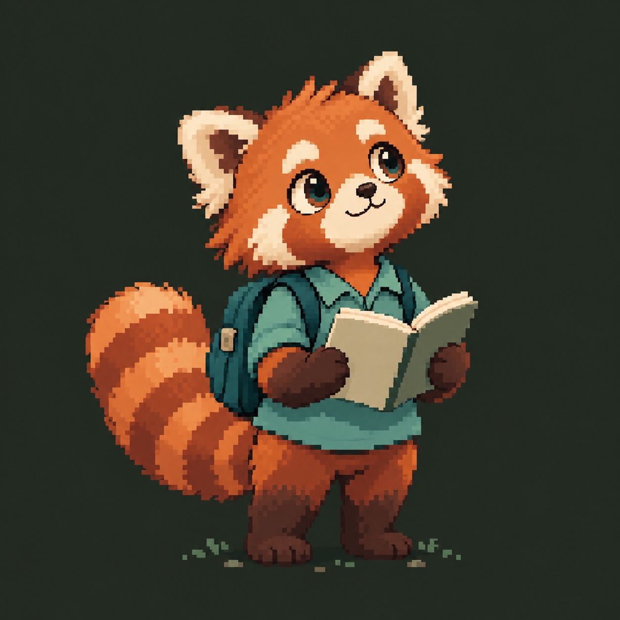 A curious red-panda learner with a backpack and notebook, wearing a neck lanyard.